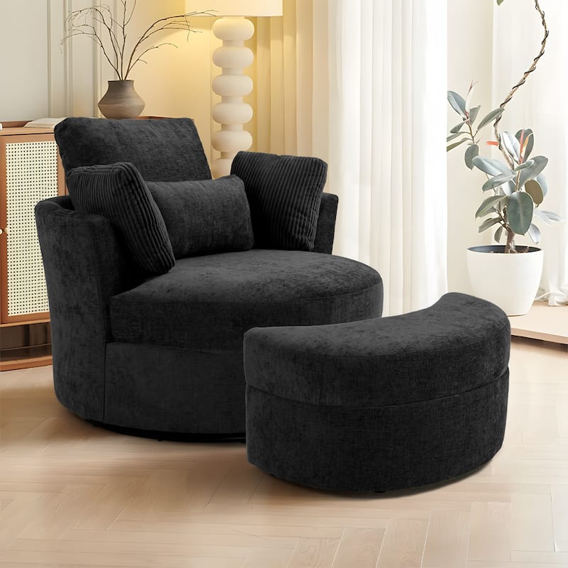 41" W Oversized Accent Barrel Swivel Chair with Moon Storage Ottoman - Set of Chair with Ottoman - Black Chenille/Corduroy Pillows