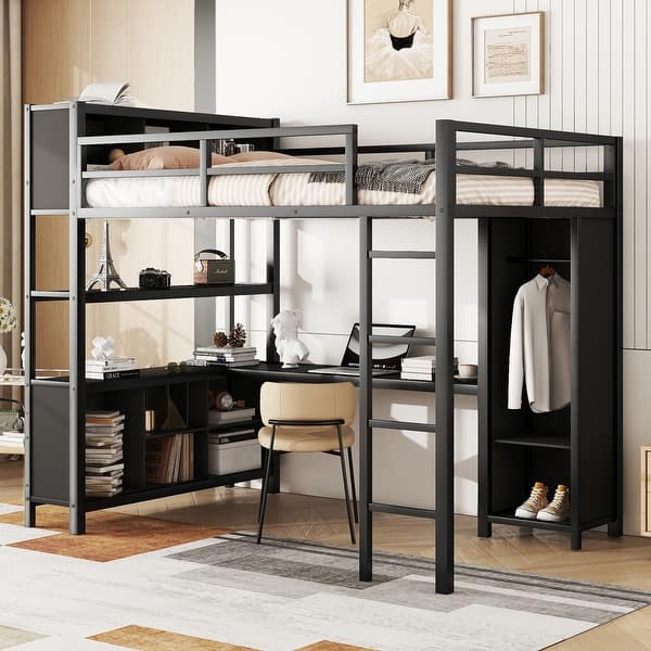 slide 2 of 28, Full Size Metal Loft Bed with Wardrobe And L-shaped Desk, Storage Cubes and Shelves for Kids, Teens, Adults Black