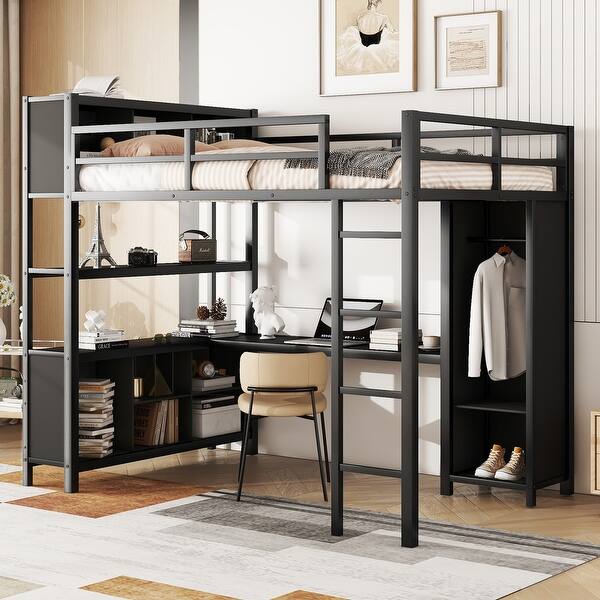 slide 2 of 28, Multifunctional Full Size Metal Loft Bed with Wardrobe,L-shaped Desk,Storage Cubes and Shelves Black