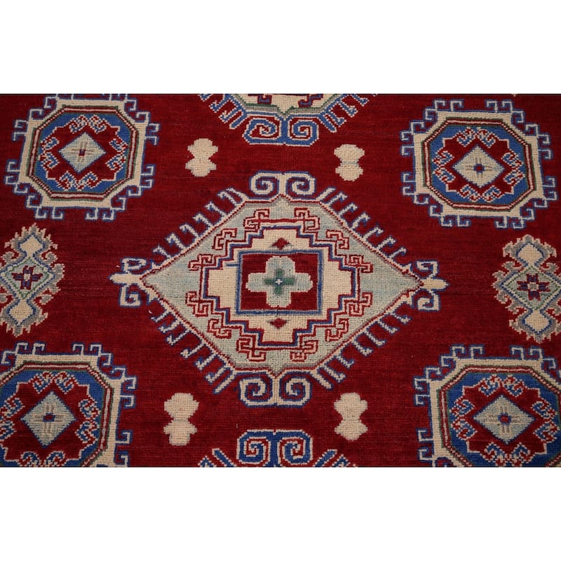 Red Geometric Kazak Rug Hand-Knotted Wool Carpet - 5'3" x 6'5"
