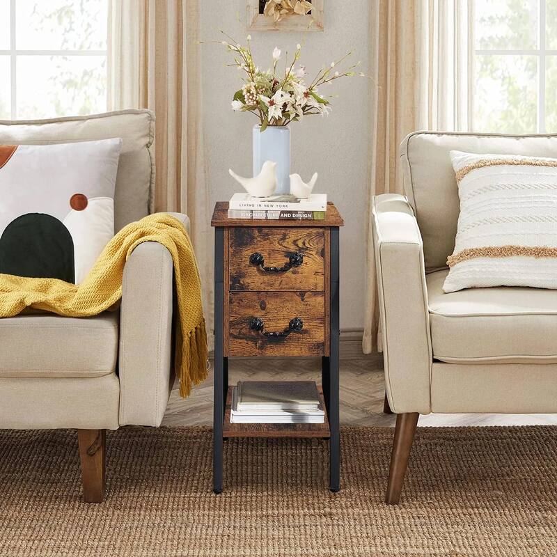 Modern Narrow Nightstand Set of 2 with 2-Drawer