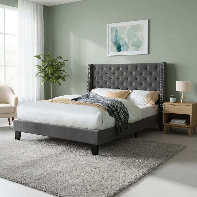Mid-Century Tufted Platform Bed with Nailhead Trim - Grey - Queen