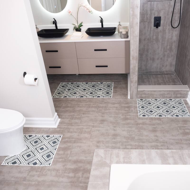 Geometric Design 3 Piece Bathroom Rugs Set - Non-Slip Ultra Thin Bath Rugs for Bathroom Floor - Washable Bathroom Mats Set