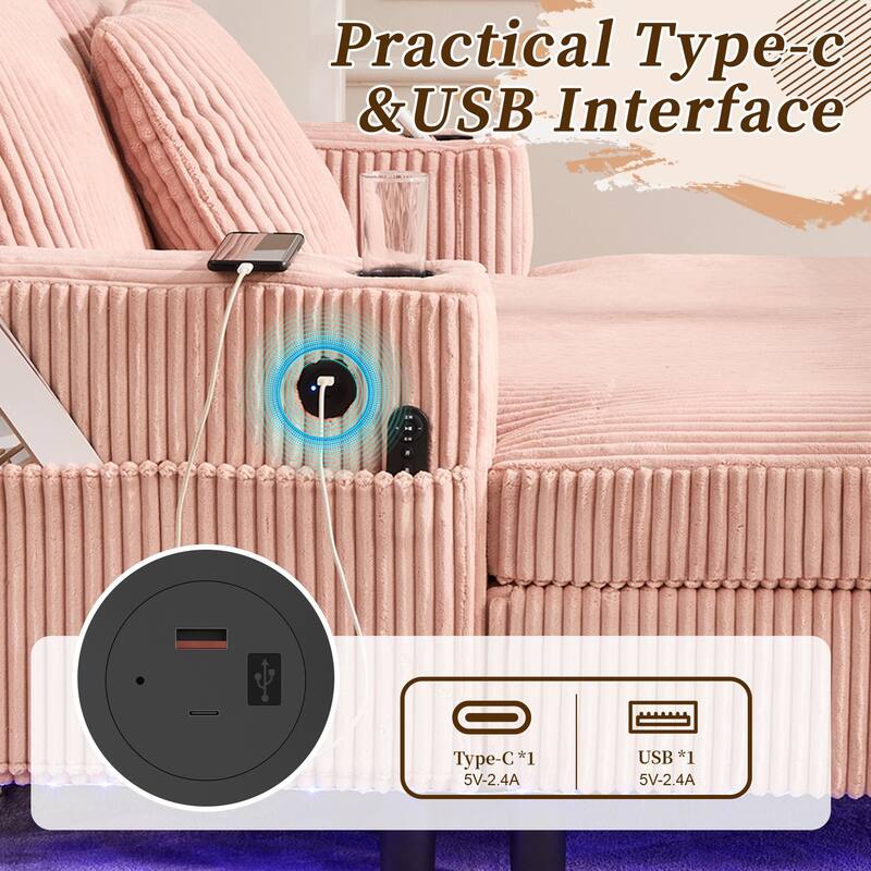 GDFStudio - Corduroy Recliner Sofa with USB Charging, RGB LED Light Strip - Suitable for Living Room and Bedroom