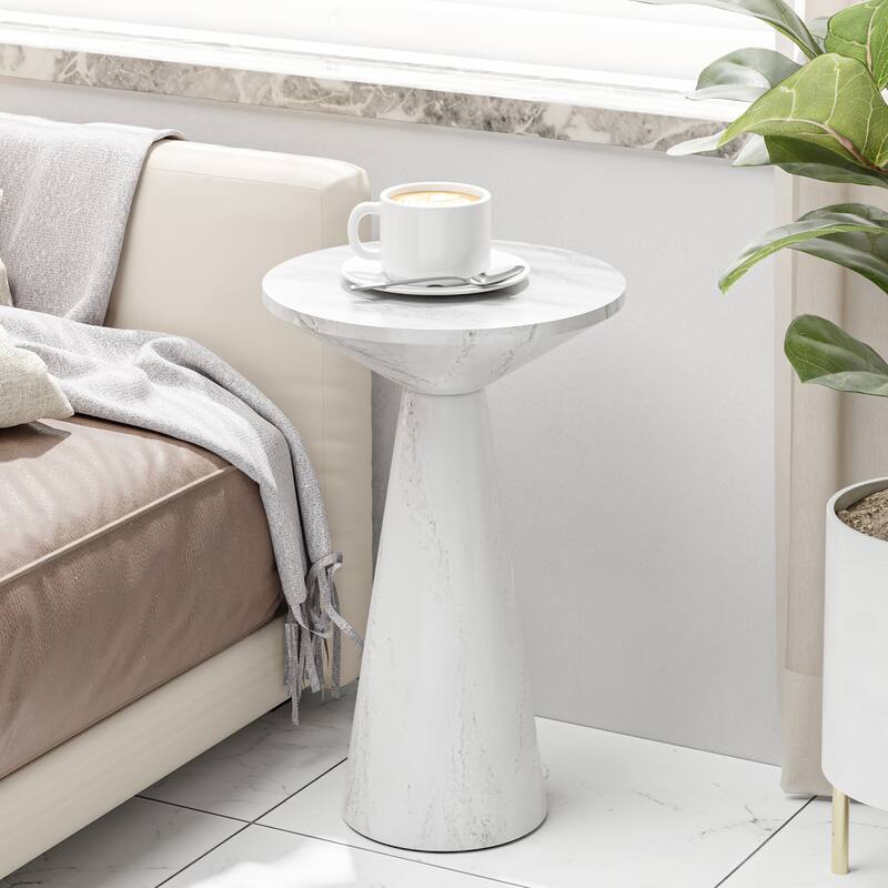 COZAYH Farmhouse Pedestal End Table, Round Martini Table Wood Plant Stand Rustic Small Drink Table for Living Room, Bedroom - Smooth Cone - White Marble