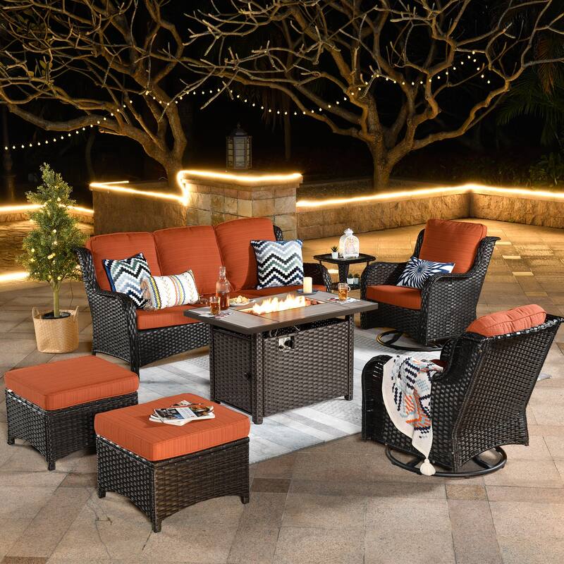 OVIOS 7-piece Patio Swivel Chair Set with 42" Fire Table - Orange/Red-Brown Wicker