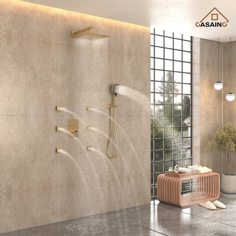 Wall Mount 12 Inch Rainfall Shower Head 3 Function Thermostatic Shower System with 6 Body Jets