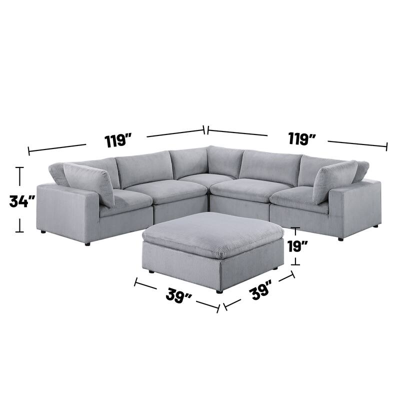 6 Piece Corduroy Upholstered Modular Sectional Sofa with Ottoman