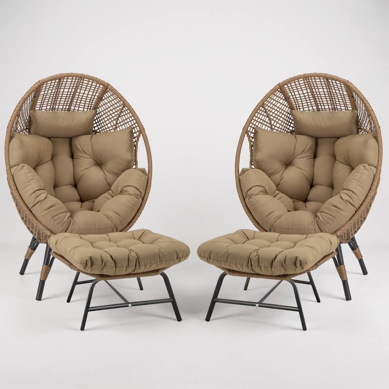 Set of 2 Outdoor Wicker Egg Chairs with Ottomans, 4-Piece Patio Lounge Chair Set, 6.5" Thick Cushions, 440 lbs Capacity