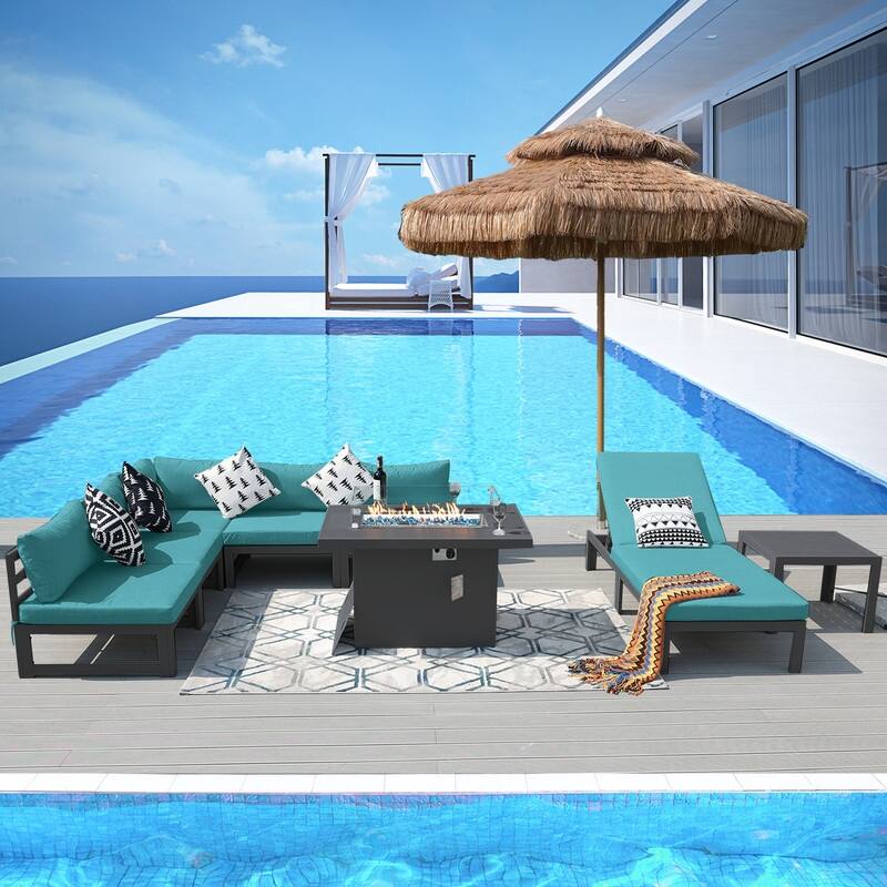 FINCATI Aluminum Outdoor Patio Furniture Conversation Sectional Sofa Set - 8 Pieces - Teal