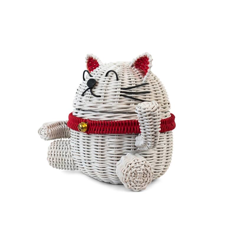 Lucky Cat Rattan Storage Basket with Lid Decorative Bin Home Decor Hand Woven Shelf Organizer Cute Handmade Handcrafted Gift