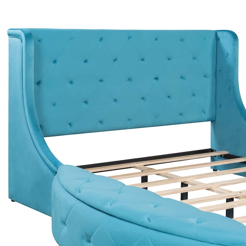 Low Profile Bed Queen Size Velvet Upholstered Platform Bed with Wingback Headboard, Big Drawer and 2 Semicircle Side Stools