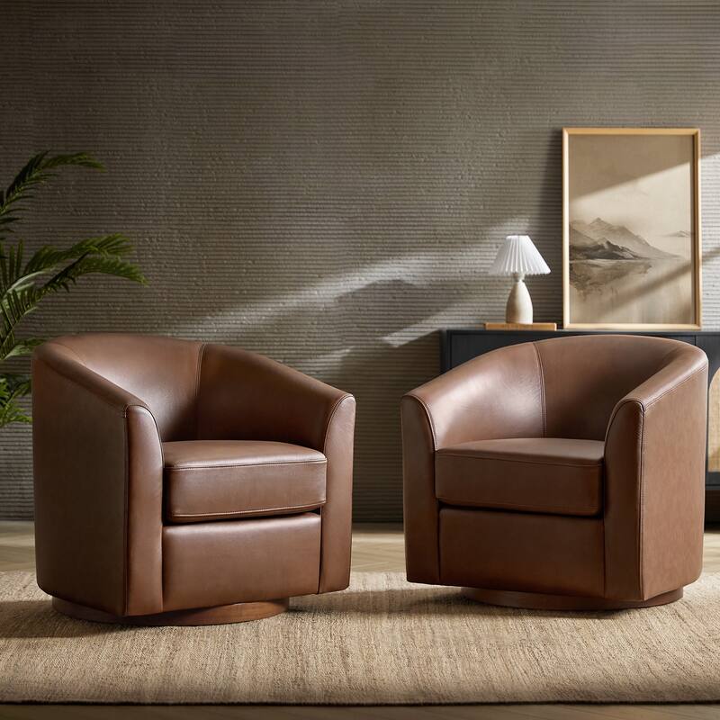 Althea Modern Genuine Leather Swivel Barrel Chair with Solid Wood Base Set of 2 By HULALA HOME