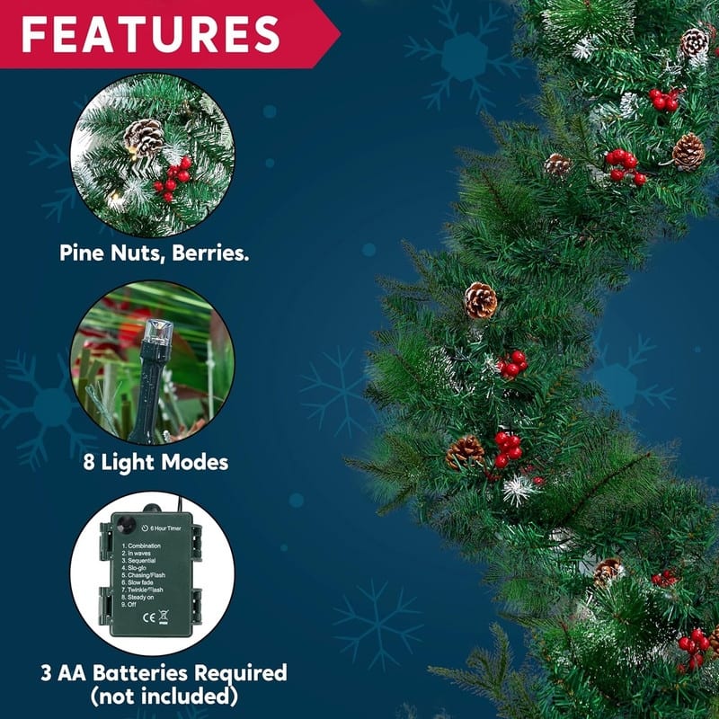 9 ft. Tall Green Plastic Prelit Artificial Christmas Garland with 100 LED Lights, Pine Cones and Red Berries