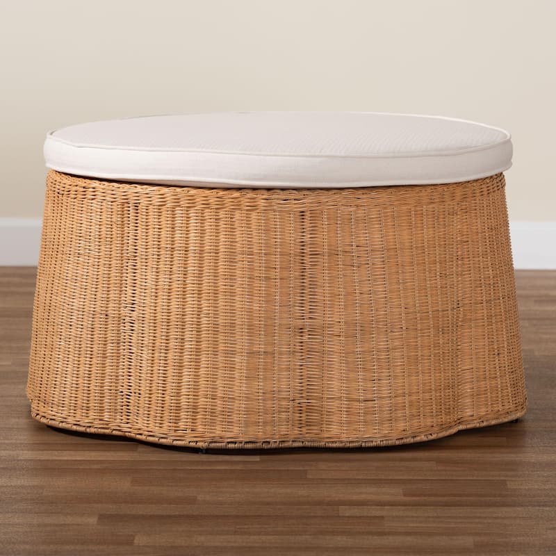 Palm Scallop Natural Rattan Ottoman with Cushion - Handwoven Wicker Stool or Footrest for Living Room or Bedroom, Coastal Boho