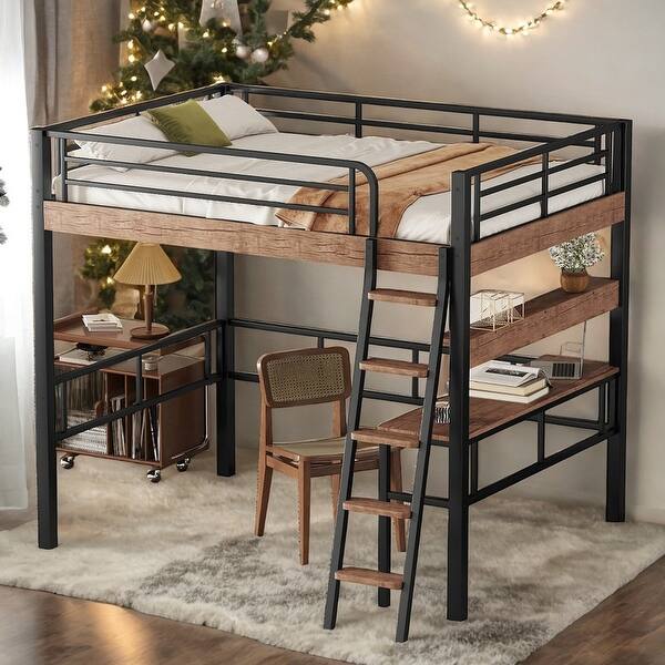 slide 2 of 13, Artsy & Multi-functional Design Metal Full Size Loft Bed with Built-in Desk, Storage Shelf and Ladder, Safety for Kids, Black Black