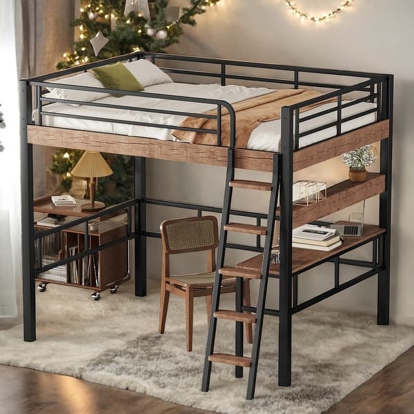 slide 2 of 13, Metal Full Loft Bed with Built-in Desk, Storage Shelf and Ladder, Black Black
