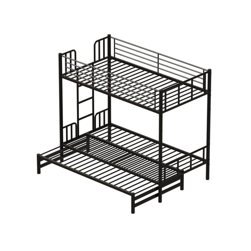 Twin Size Black Metal Bunk Bed Frame with Pull-out Bed, Guardrail and Built-In Ladder, Space-Saving Convertible Platform Bed