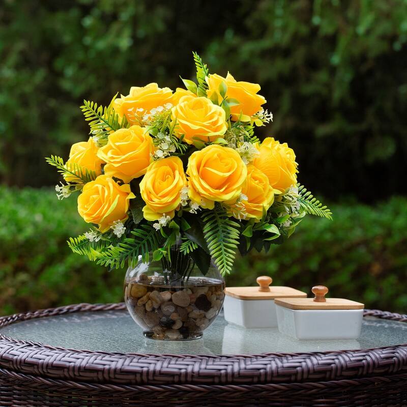 18 Heads Silk Rose Flower in Clear Glass Vase With Faux Water and River Stone for Home Decor, Wedding Table