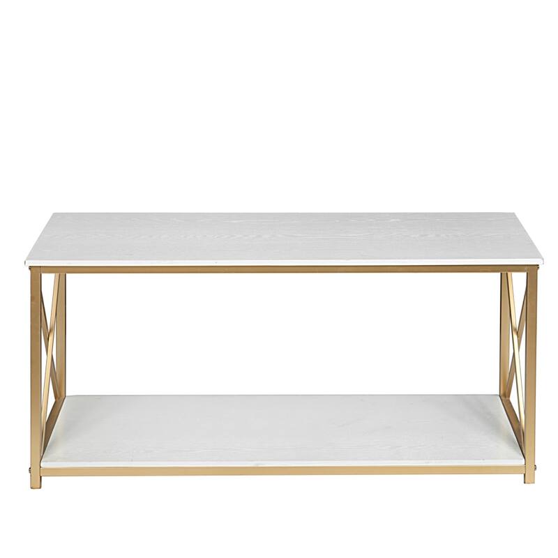 2-Tier Console Table, Gold Sofa Entry Table with Faux Marble Top