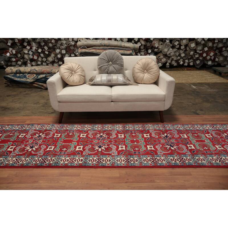 Hand Knotted Oriental 100% Wool Carpet Traditional Geometric Red Heriz (serapi) Runner Rug - 15' 10'' X 3' 0''