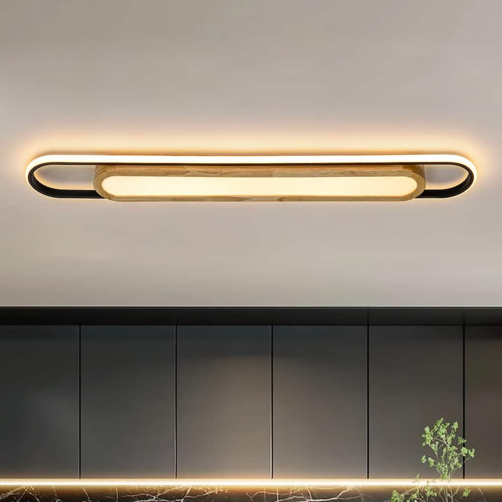 39.3" Modern Black Cylinder Long Strip Wood Integrated LED Flush Mount Light - 39.3 in. W