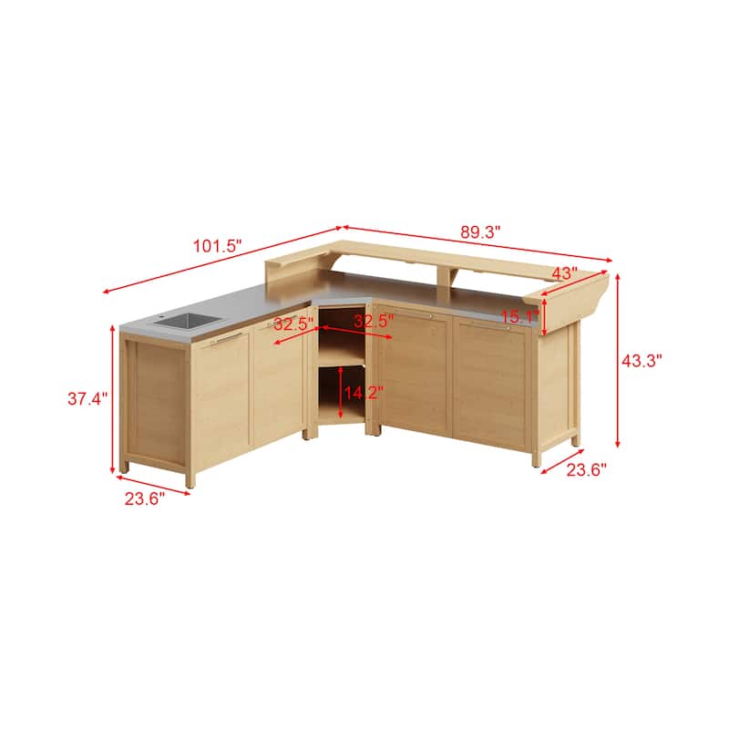 Outdoor BBQ Kitchen Cabinet Set, 100% Solid Wood Patio Kitchen Storage Stainless Steel Countertop