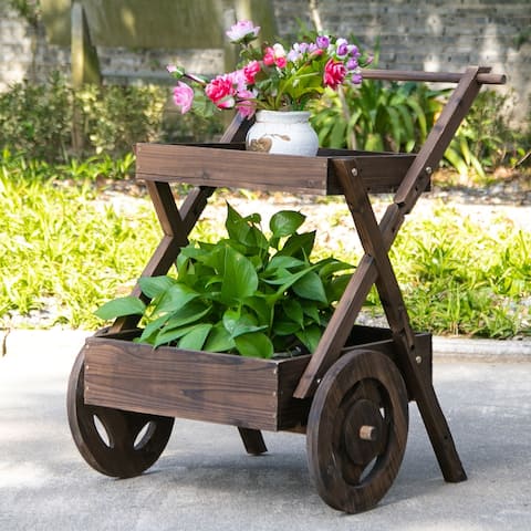Outsunny Wooden Rustic 2-Level Elevated Garden Plant Bed/Stand with Wheels for Movement & Classic Look/Aesthetic