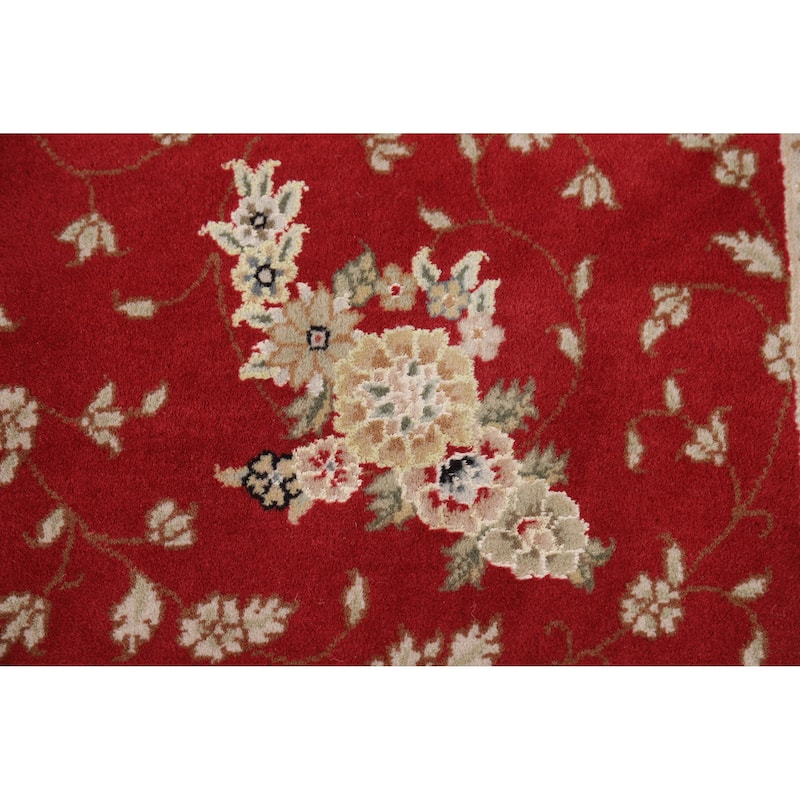 Red Floral Tabriz Chinese Runner Rug Handmade Wool and Silk Carpet - 2'5" x 8'1"
