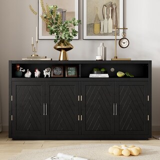 Retro 4-Door Buffet Sideboard with Chevron Design & Adjustable Shelves for Dining Room Storage