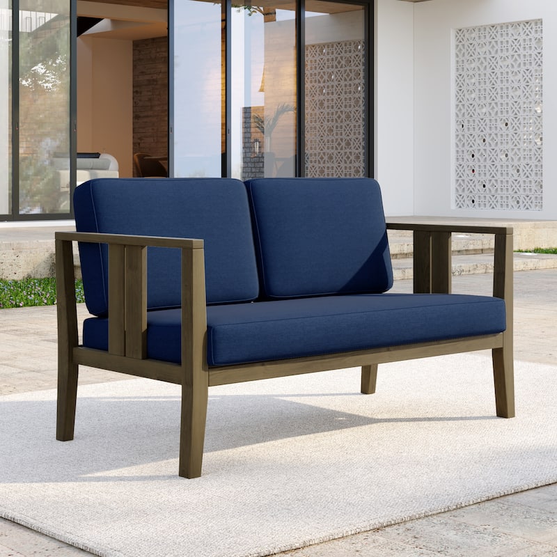 Casual Teak Wood Outdoor Patio Loveseat with Cushions - Natural Wood - Navy