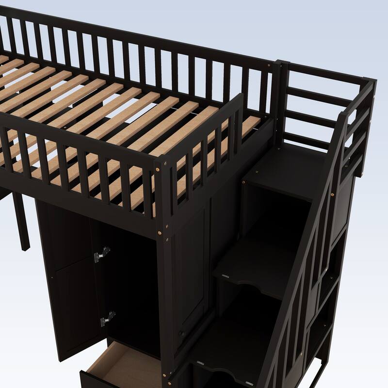 Modern Twin size Loft Bed with Bookshelf,Drawers,Desk,and Wardrobe