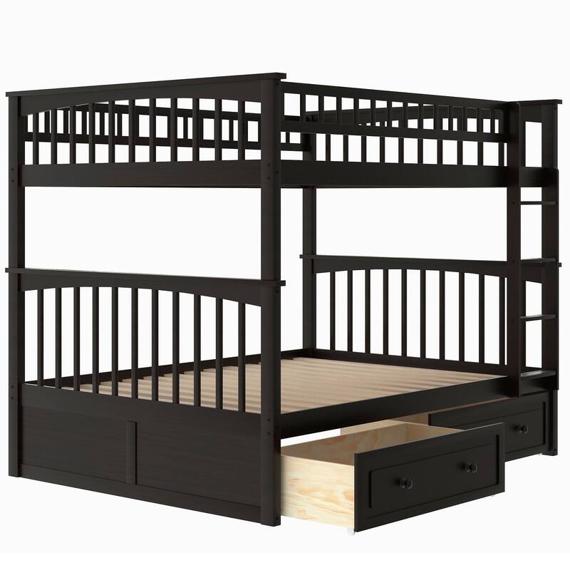 Wooden Storage Bunk Bed Frame with Fence-shaped Guardrails and Pull-out Drawers, Convertible 2 Platform Beds, Detachable Design