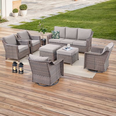 7 Pcs Patio Furniture Set with Chair Ottoman - Brown