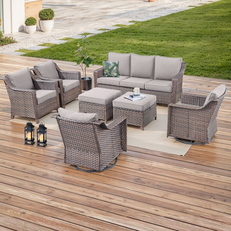 All-Weather Sofa with Outdoor Swivel Chairs Ottomans - Grey - Brown