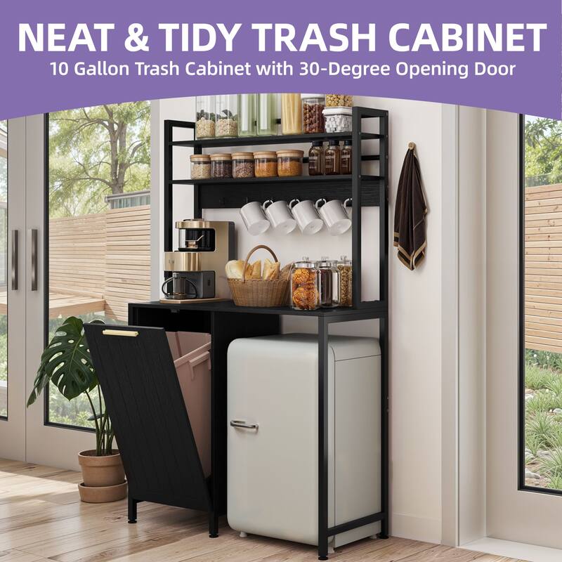 Kitchen Baker's Rack with Mini Fridge Space Trash Can Cabinet and Charger Station for Dorm or Small Space Organization