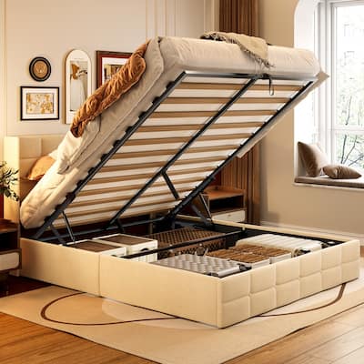 Lift Up Storage Bed Frame, Upholstered Platform Bed Frame with Hydraulic Storage System and Headboard
