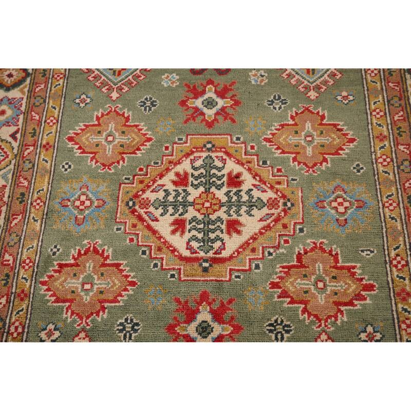Hand Knotted Oriental 100% Wool Carpet Traditional Geometric Green Kazak Area Rug - 5' 11'' X 4' 0''