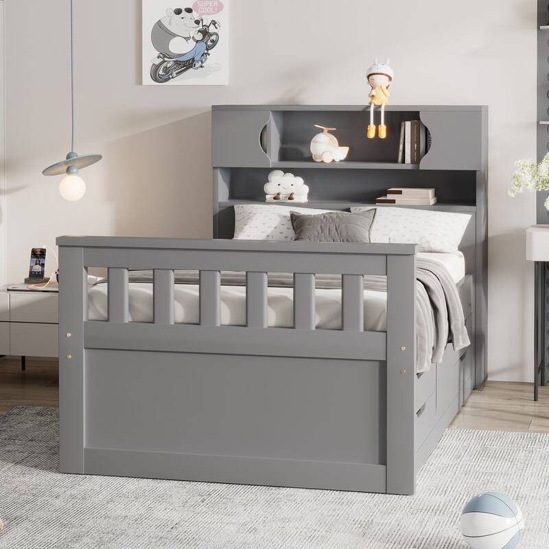 Twin Size Captain Platform Bed Frame with Storage Bookcases, Shelves and Four Drawers