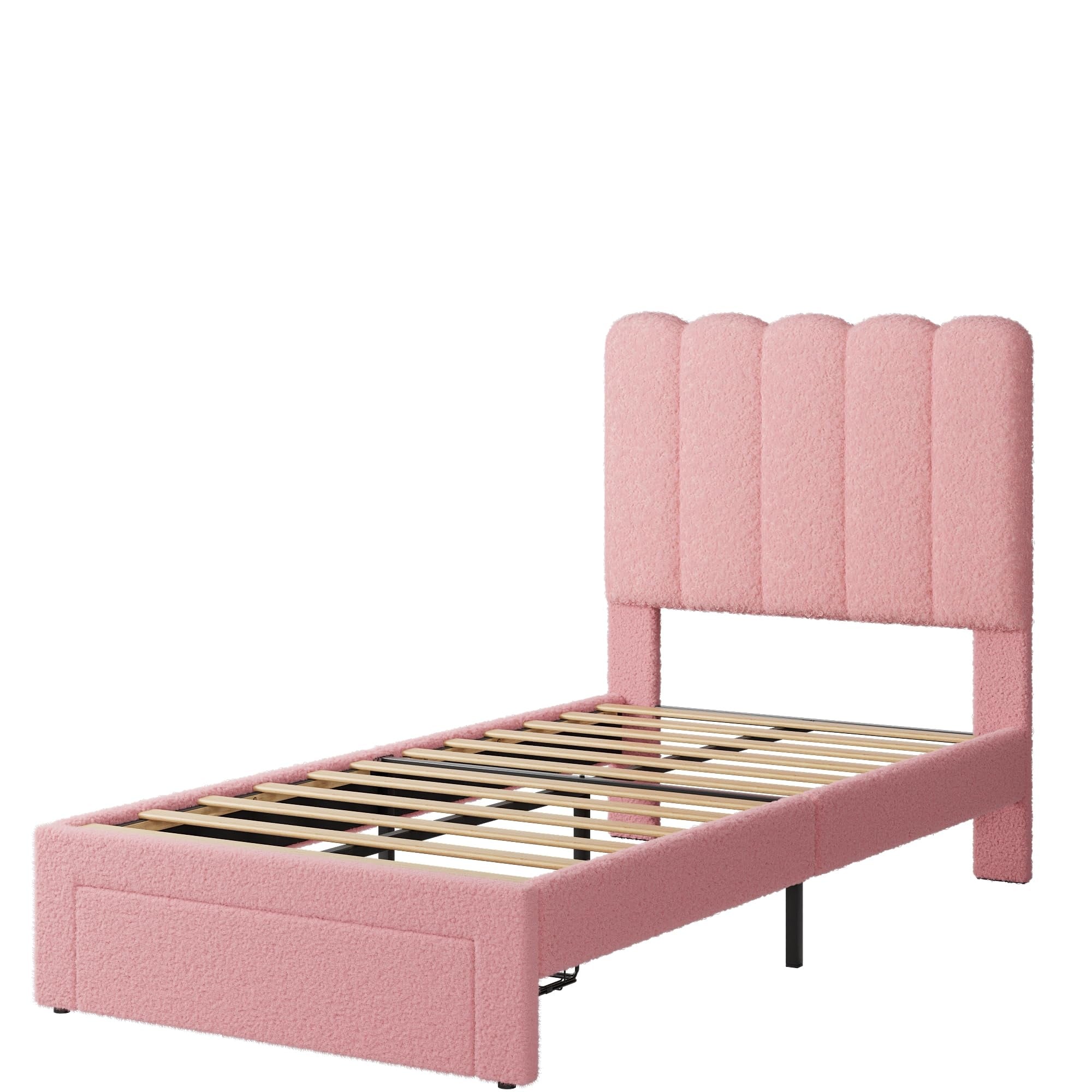 Twin Bed Frame with Under-Bed Drawer, Pink Boucle