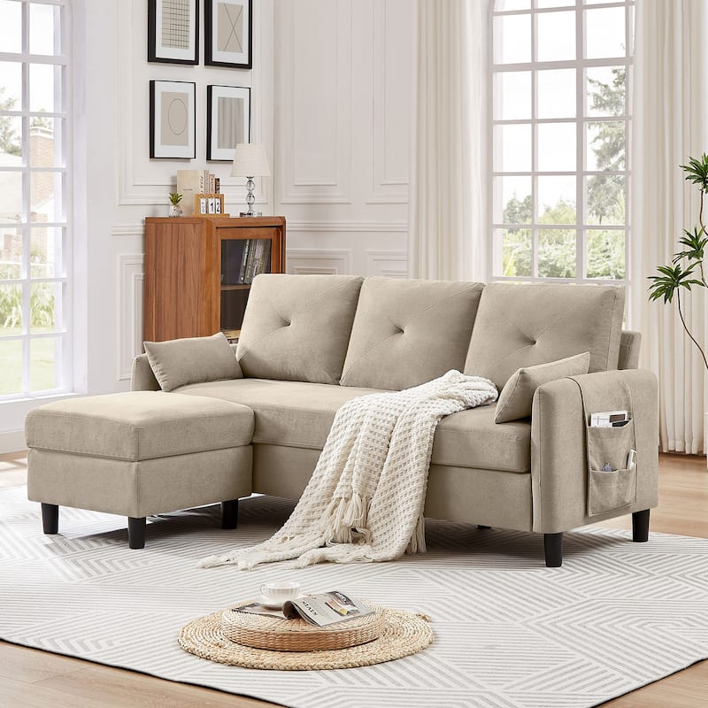 77.36 Inches Modern Sectional Sofa with Reversible Ottoman and Side Storage Pocket - Beige