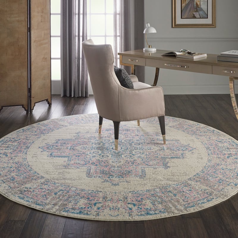 Nourison Grafix Distressed Vintage Medallion Area Rug - 8' Round - Ivory/Pink