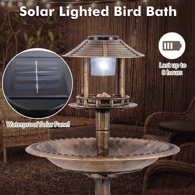Costway 3-In-1 Pedestal Bird Bath with Solar Light with Bird Feeder & - See Details