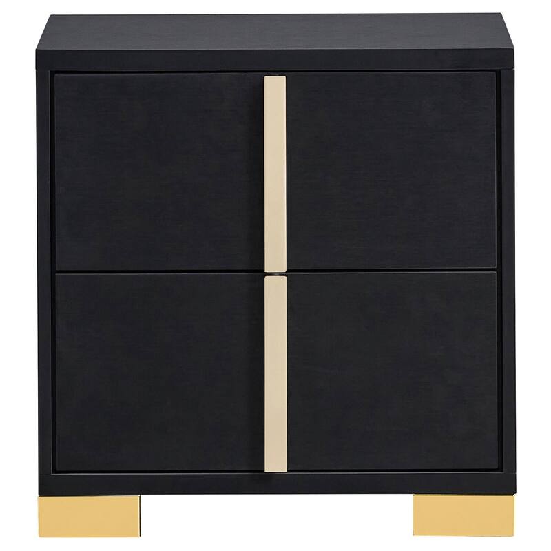 Modern Black 2-Drawer Nightstand with Gold Metal Accents, Geometric Art Deco Design, Smooth Glide Drawers