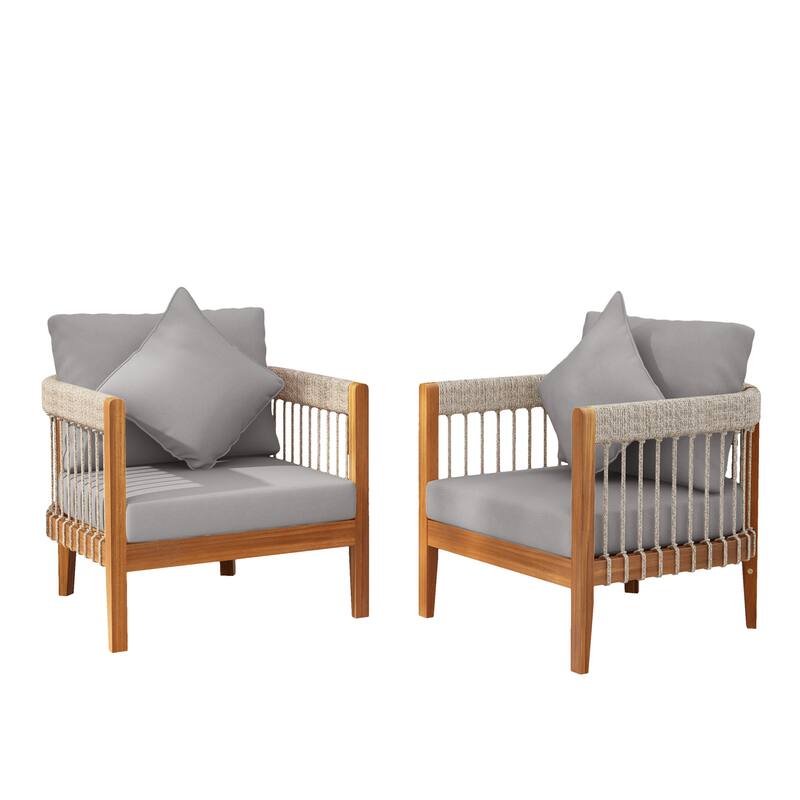 Acacia Wood Outdoor Club Chair with Handwoven Rope Accents & Curved Backrest - Water-Resistant with Removable Cushions set of 2