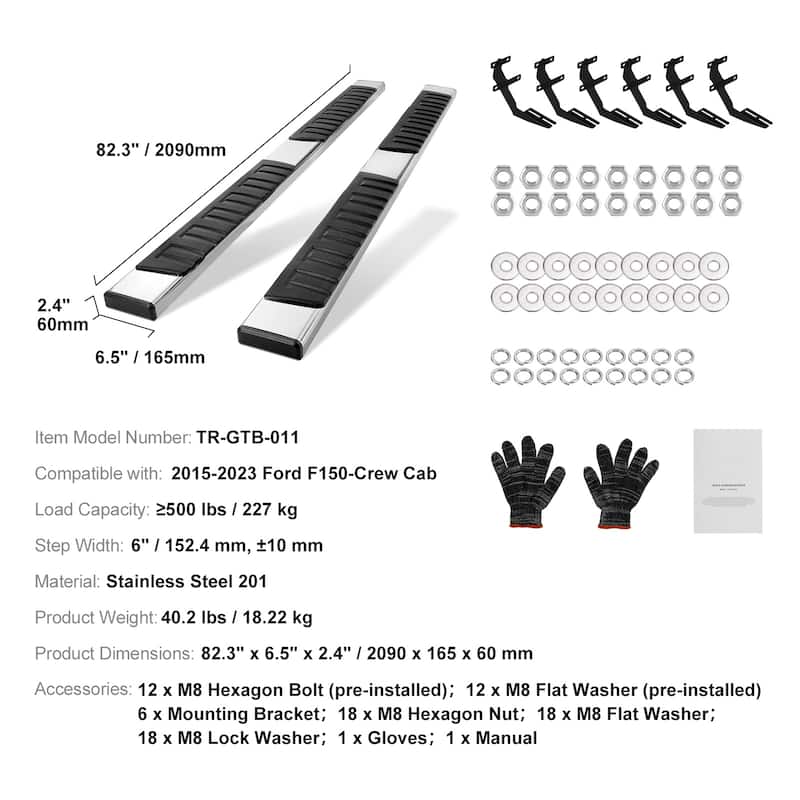 Running Boards, 6" Step Bars Compatible with 2015-2023 Ford F150-Crew Cab/2017-2023 Ford F-250 F-350 Super Duty Crew Cab