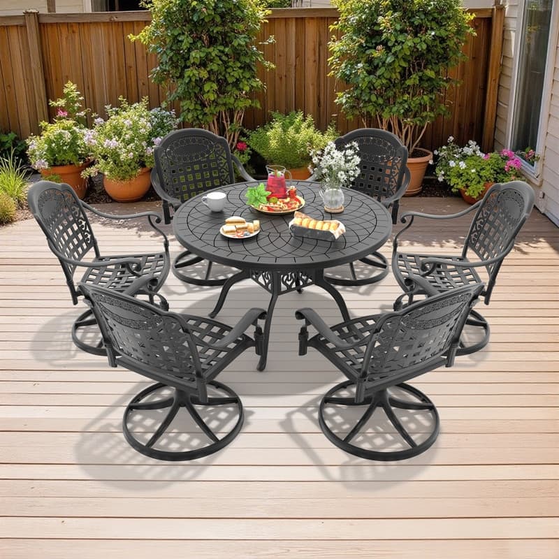 7-Piece Aluminum Round Outdoor Patio Dining Set, 6 Cushioned Swivel Chairs, Table, All-Weather Frames