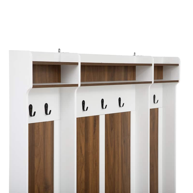 White-Brown MDF Hall Tree with Bench, Shelves and Drawer Storage - 58.8'' W x 17.7'' D x 76.7'' H