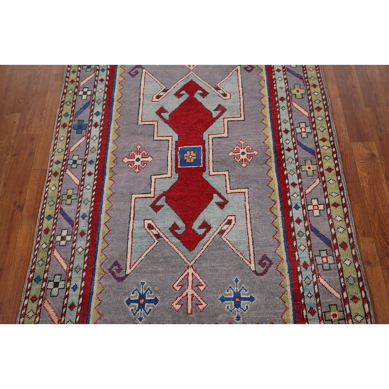 Gray Geometric Kazak Foyer Rug Handmade Oriental Wool Carpet - 3'4" x 5'5"