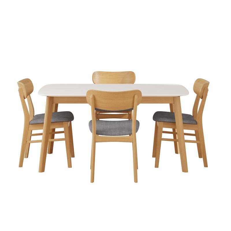 Roomfitters 5-Piece Mid-Century Dining Set, 59" White Oak Table with 4 Upholstered Solid Wood Chairs